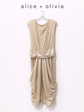 Alice + Olivia Draped Champagne Dress Ruched Midi Cocktail Party
